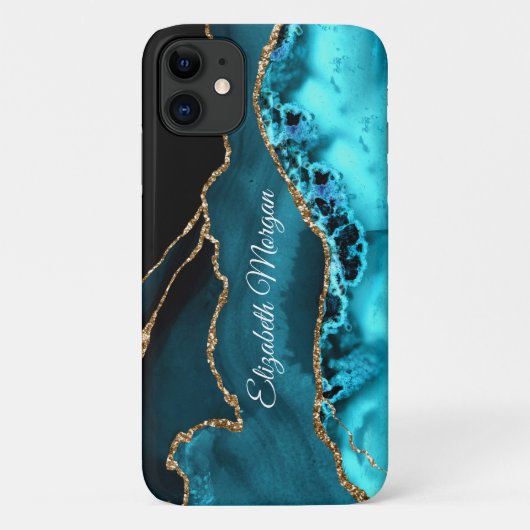 Coques Case-Mate iPhone Tendance Turquoise, Noir et Agate Dorée & Nom DIY (Dos)