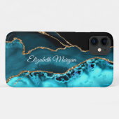 Coques Case-Mate iPhone Tendance Turquoise, Noir et Agate Dorée & Nom DIY (Dos (Horizontal))