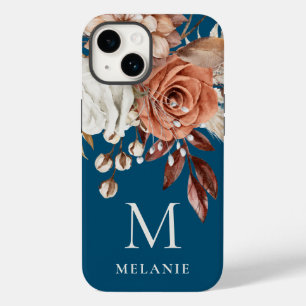 Coque Pour iPhone 14 Terracotta Florals Monogramme Nom initial Turquois
