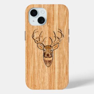 Coque Pour iPhone 15 Tête de cerf blanc élégant grain de bois clair