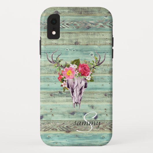 Coques Case-Mate iPhone Tête de cerf en bois turquoise occidental rustique (Dos)