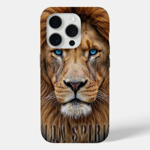 Coque iPhone 15 Pro Tête de lion majestueuse aux yeux bleus Faune An