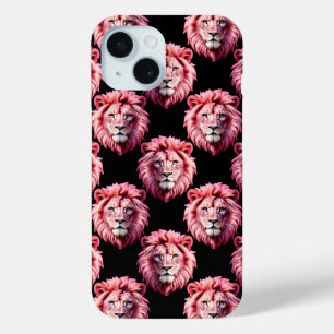 Coque Pour iPhone 15 Tête de lion rose motif animal design - Noir 