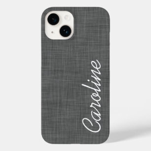 Coque Pour iPhone 14 Texture de lin gris charbon Monogramme personnalis