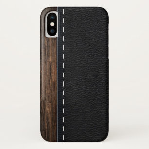 Coque iPhone X Texture en bois réaliste et cuir cousu
