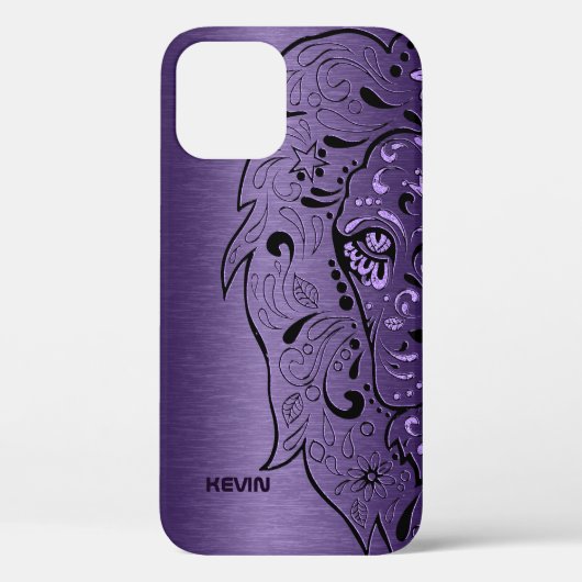 Coques Case-Mate iPhone Texture métallique violette et tête de lion crâne (Verso)