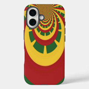 Coques iPhone 16 Thème de couleurs Rasta : spirale rouge, verte et 
