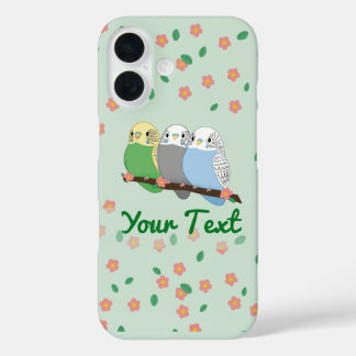Coques iPhone 16 Three Cute Budgies Floral Cherry Blossom