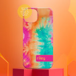 Coque Pour iPhone 15 Tie Dye Motif Hot rose orange Turquoise - nom pers<br><div class="desc">Un design audacieux et coloré avec des tons de rose chaud, d'orange et de bleu aqua reconnaissants avec un bloc de couleur amusant pour ajouter votre nom ou n'importe quel texte. Le motif de teinture à cravate fou a une variété de couleurs. Vous pouvez ajouter un nom, un monogramme ou...</div>