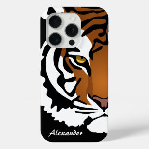 Coque iPhone 15 Pro Tigre, chat sauvage sur noir
