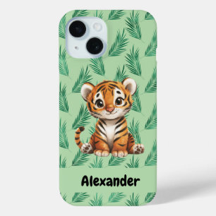Coque Pour iPhone 15 Tigre de dessin mignon sur Feuilles tropicaux