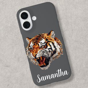 Coques iPhone 16 Tigre Rugissant Faux Paillettes Personnalisé