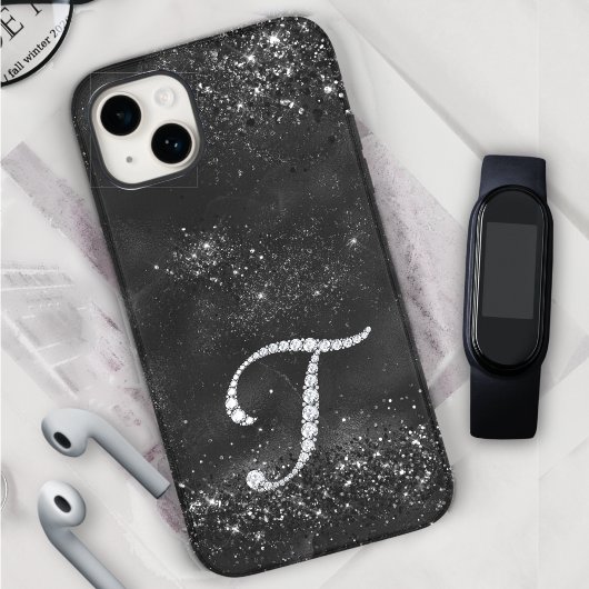 Coques Case-Mate iPhone Timbre stylé Crystal rhinestone lettre T noir