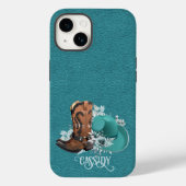 Coques Case-Mate iPhone Tissu en cuir cowgirl brun turquoise (Verso)