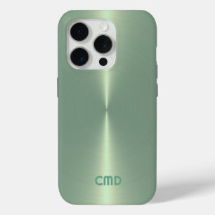 Coque iPhone 15 Pro Tissu vert pâle métallique en acier inoxydable
