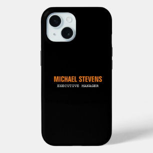 Coque Pour iPhone 15 Titre en gras noir blanc orange Nom professionnel