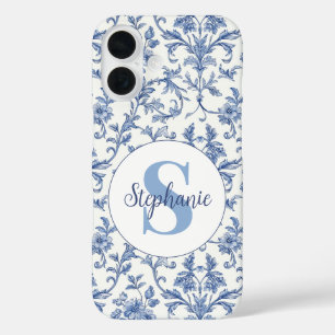 Coques iPhone 16 Toile Bleue Motif Floral Monogramme Nom