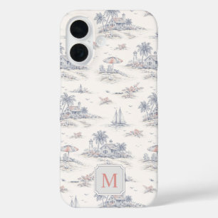 Coques iPhone 16 Toile de Jouy Bleue Côtière Tropicale Monogramme