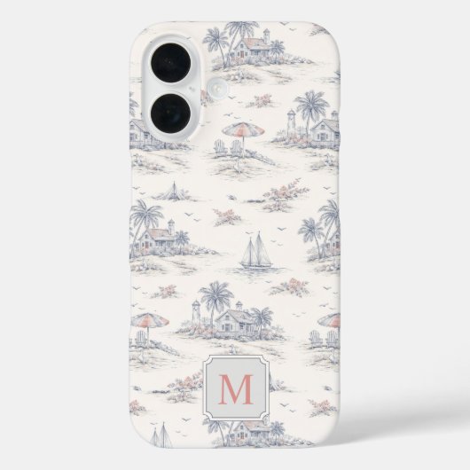 Coques Case-Mate iPhone Toile de Jouy Bleue Côtière Tropicale Monogramme (Verso)