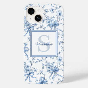 Coque Pour iPhone 14 Toile de Jouy Florale Bleue Monogramme Nom 