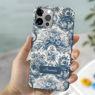 Coque Pour iPhone 14 Toile de jouy florale vintage bleue monogramme