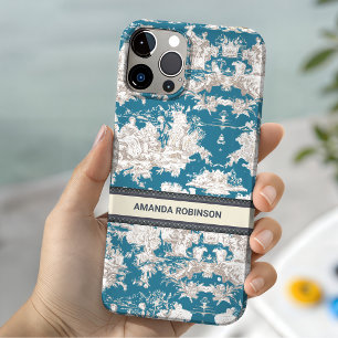 Coque Pour iPhone 14 Toile de Jouy monogramme bleu turquoise vintage