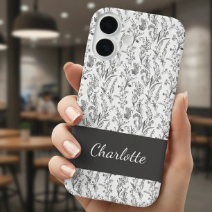 Coques iPhone 16 Toile florale noir et blanc nom personnalisé