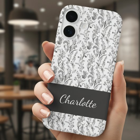 Coques Case-Mate iPhone Toile florale noir et blanc nom personnalisé