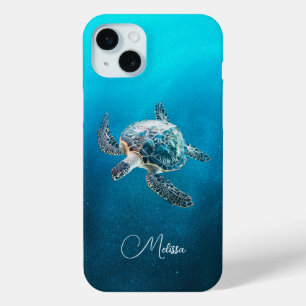 Coque iPhone 15 Mini Tortue de mer turquoise scintillante Côtière