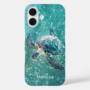 Coques iPhone 16 Tortue de mer turquoise scintillante Côtière