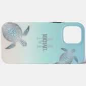Coques Case-Mate iPhone Tortues Argent Initiales Votre Nom Beige Turquoise (Verso (horizontal))