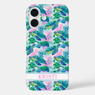 Coques iPhone 16 Tortues de mer colorées monogrammées
