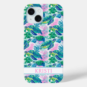 Coque Pour iPhone 15 Tortues de mer colorées Monogrammées