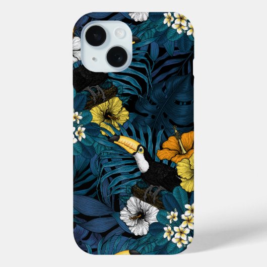 Coques Case-Mate iPhone Toucans et flore tropicale, bleu, jaune, orange (Verso)