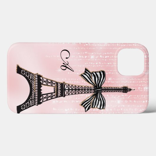 Coques Case-Mate iPhone Tour Eiffel Monogramme Paris rose et noir (Verso (horizontal))