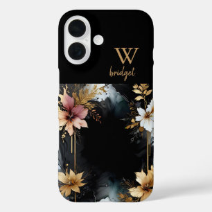 Coques iPhone 16 tourbillon de marbre floral de luxe noir & or