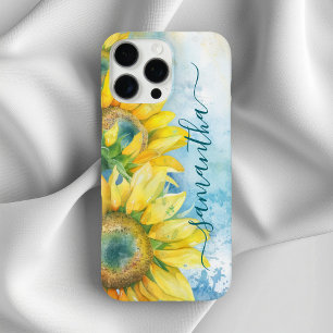 Coques iPhone 16 Pro Max Tournesol aquarelle sarcelle foncé signature girly