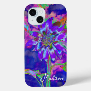 Coque Pour iPhone 15 Tournesol bleu violet abstrait   rétro funky