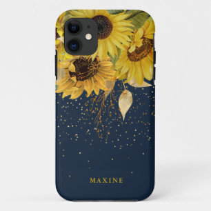 Case-Mate iPhone Case Tournesol rustique vintage, marine et or Nom perso