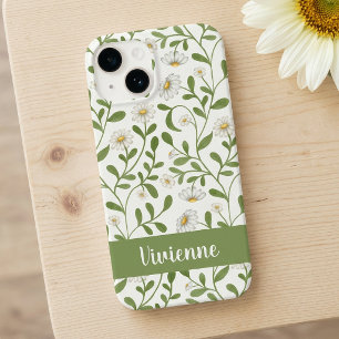 Coque Pour iPhone 14 Tournesol Vert Blanc Nom Fleur Sauvage Aquarelle
