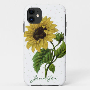 Coque iPhone 11 Tournesol vintage et nom personnalisé