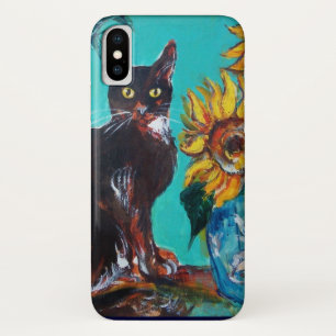 ETUI iPhone Case-Mate TOURNESOLS AVEC CHAT NOIR EN TURQUOISE BLEU