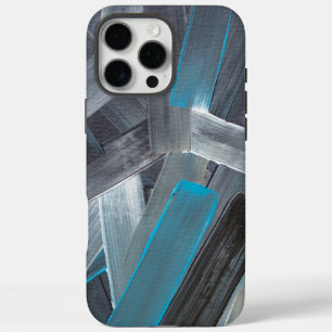 Coques iPhone 16 Pro Max Traits de pinceau abstraits en bleu, gris et noir