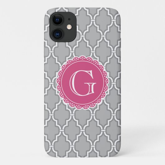 Coques Case-Mate iPhone Treillis gris Floral rose Monogramme (Dos)