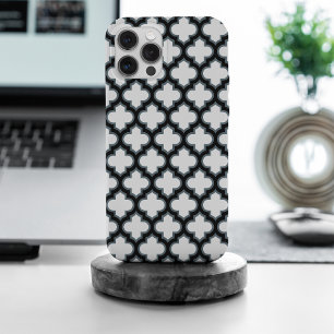 Coque iPhone 15 Pro Max Trellis blanc et noir, treillis, Quatrefoil