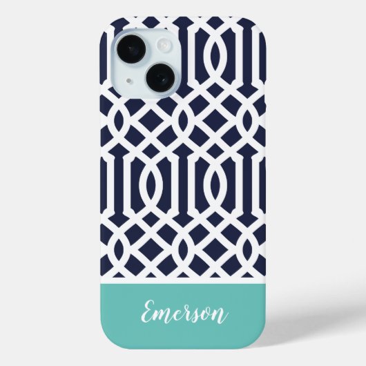 Coques Case-Mate iPhone Trellis de monogramme Navy et Aqua (Verso)