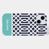 Coques Case-Mate iPhone Trellis de monogramme Navy et Aqua (Verso (horizontal))