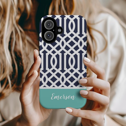 Coques Case-Mate iPhone Trellis de monogramme Navy et Aqua