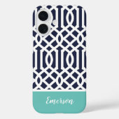 Coques Case-Mate iPhone Trellis de monogramme Navy et Aqua (Verso)