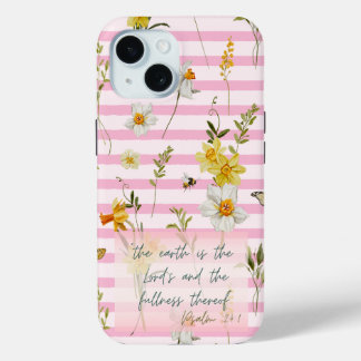 Coque Pour iPhone 15 Trendy Scripture Pink Stripe Yellow Daffodils Bees